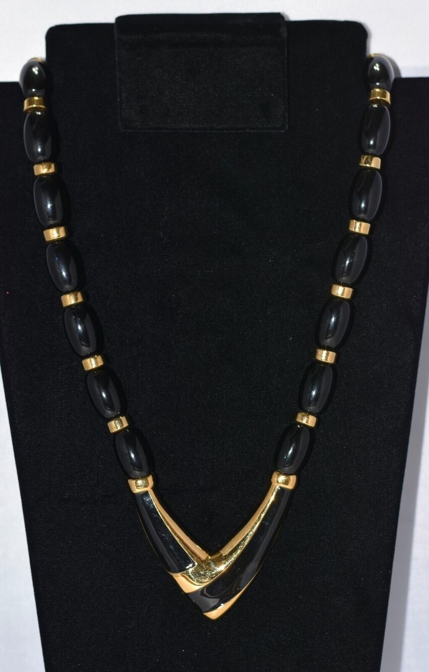 NAPIER Art Deco Black/Gold Enamel Pendant Lucite Beads Statement Necklace NEW!!